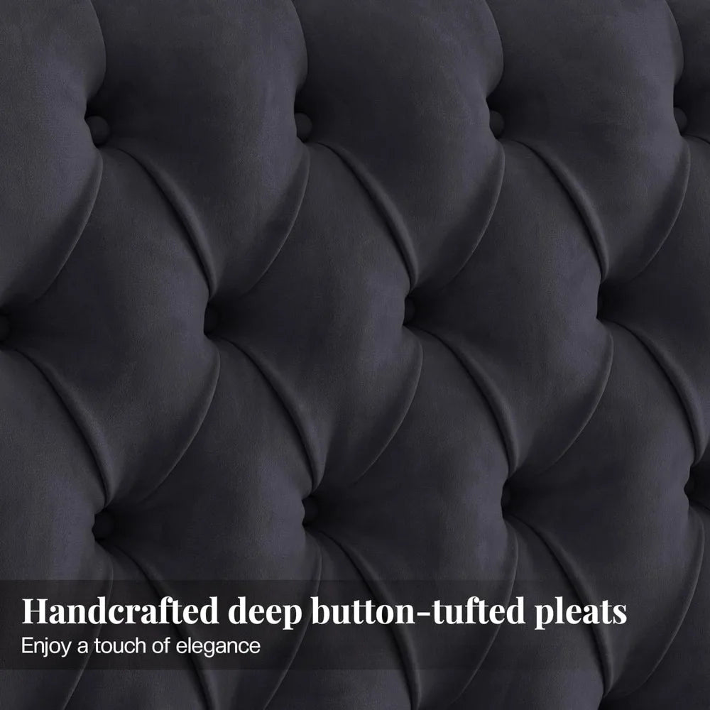 Queen Size Bed Frame with Velvet Headboard, Handcrafted Tufted Design