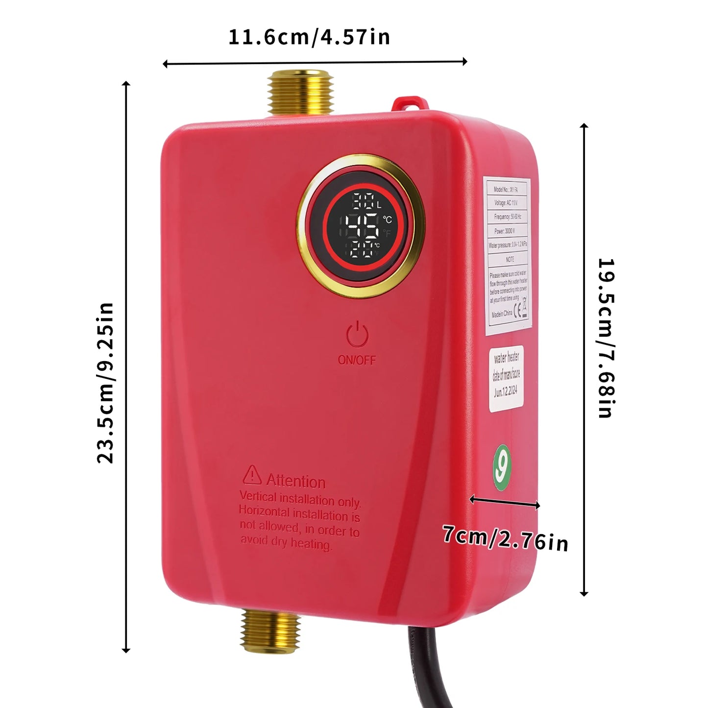 Black/Red 3000W Electric Water Heater 20~50℃
