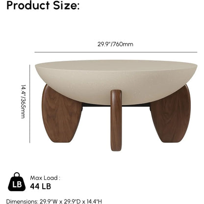 Round Concrete Coffee Table with Premium Walnut Ash Wood Legs