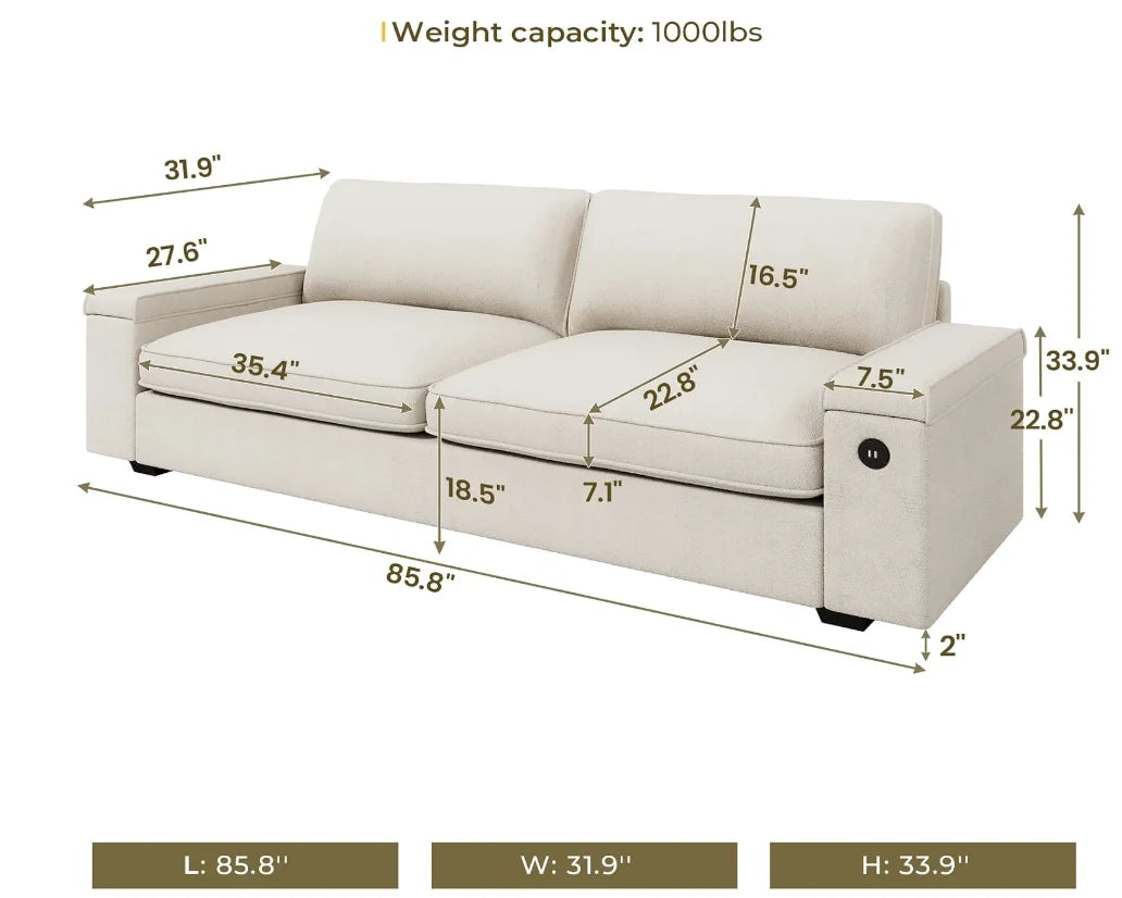 Modern Sofas Couches, with Storage and 2 USB Charger Ports