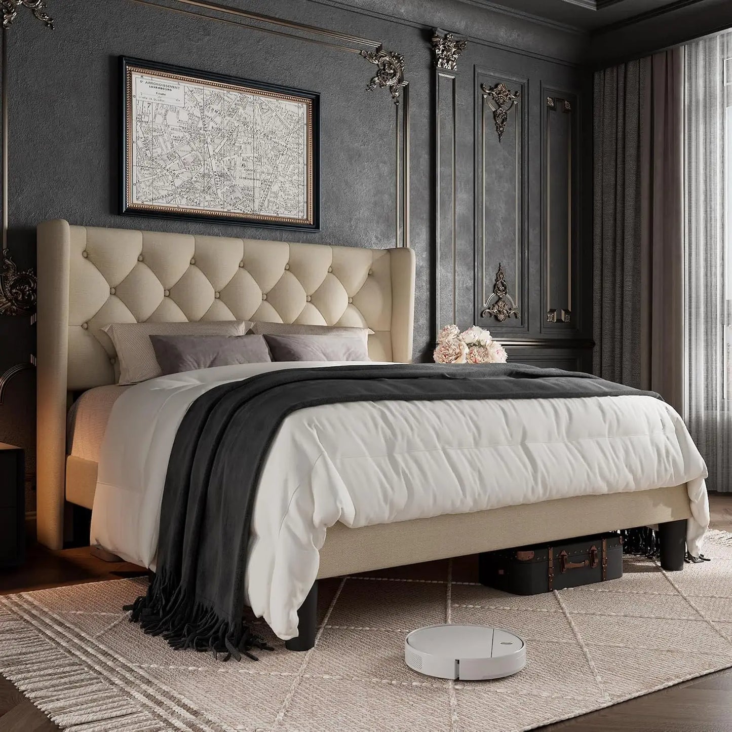 Queen Size Bed Frame with Button Tufted Upholstered Headboard
