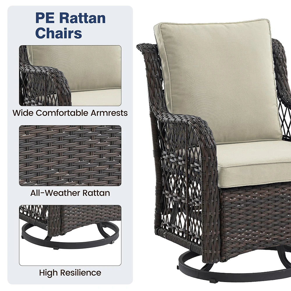 3-Piece Wicker Swivel Rocking Patio Set, 2 Chairs & Glass Table,