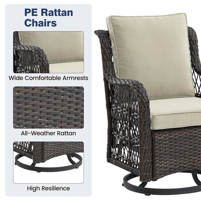 3-Piece Wicker Swivel Rocking Patio Set, 2 Chairs & Glass Table,