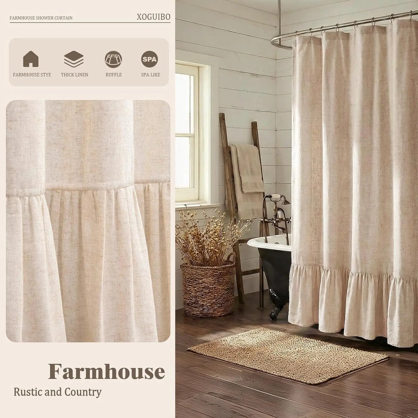 Farmhouse Shower Curtain with Ruffle Hem Linen Beige 72x72 Boho Rustic Natural Fabric