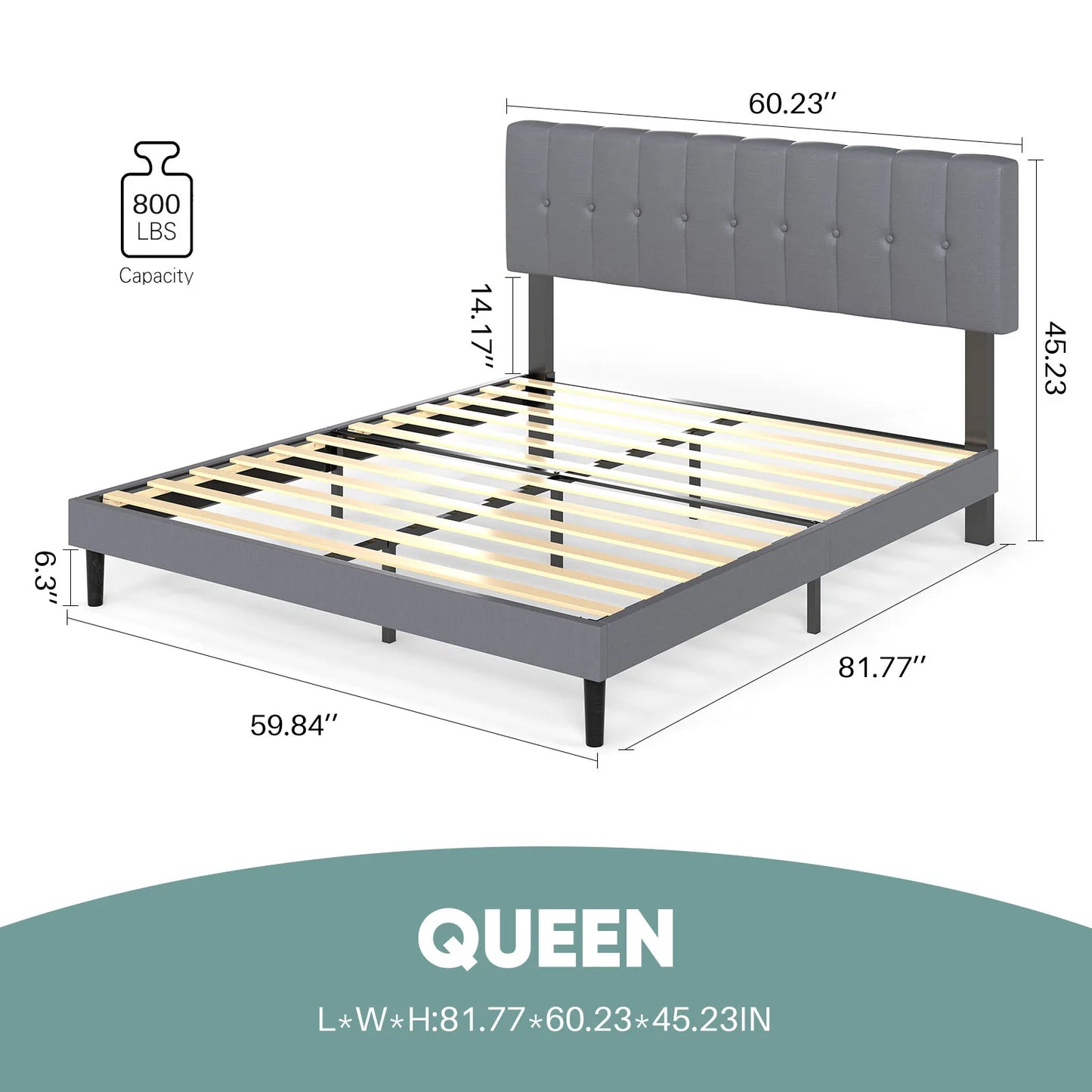 Wooden Solid Bed Frame with Fabric Upholstered