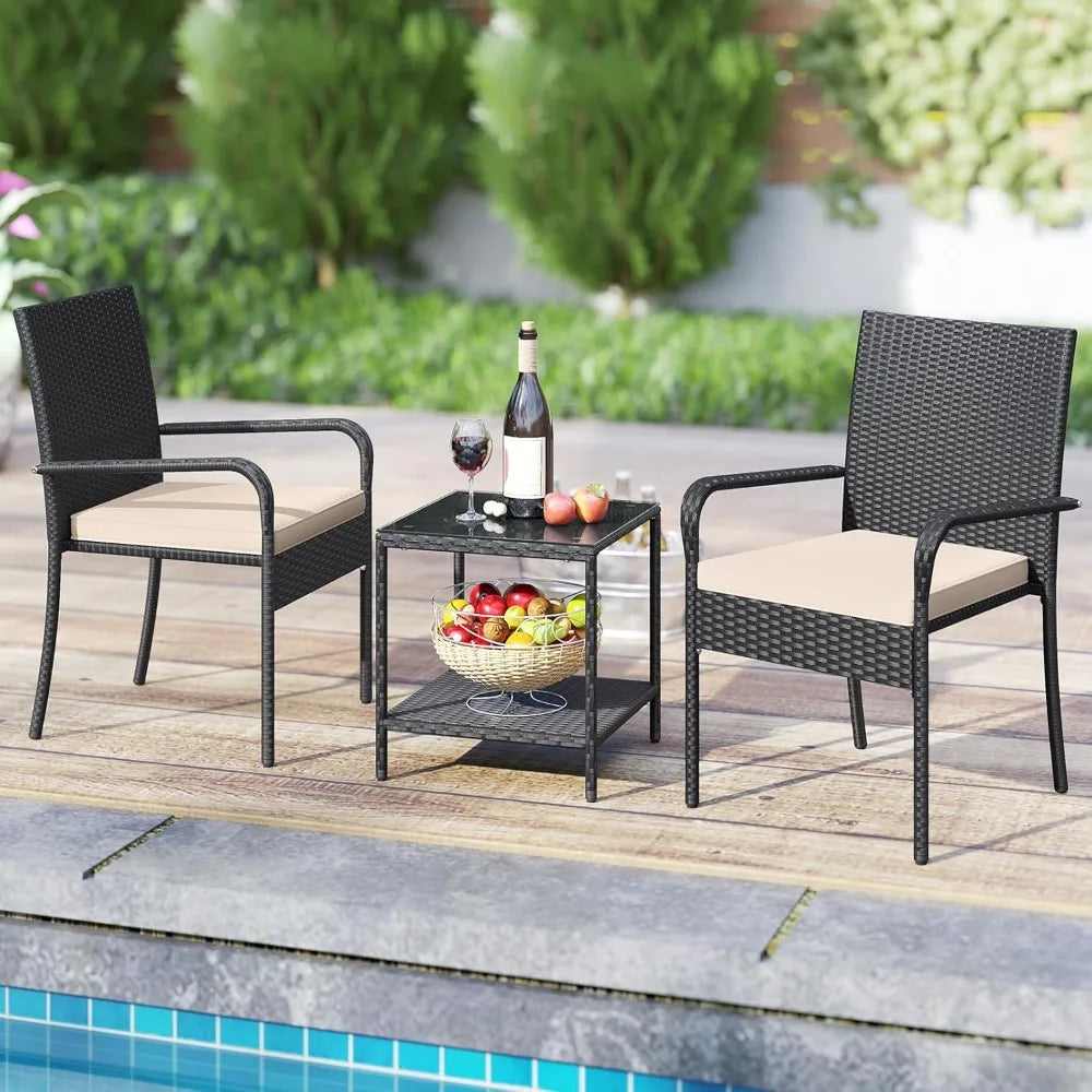 3 Pieces Patio Furniture Set, Cushioned Chairs with 2-Tier Tempered Glass Tabletop