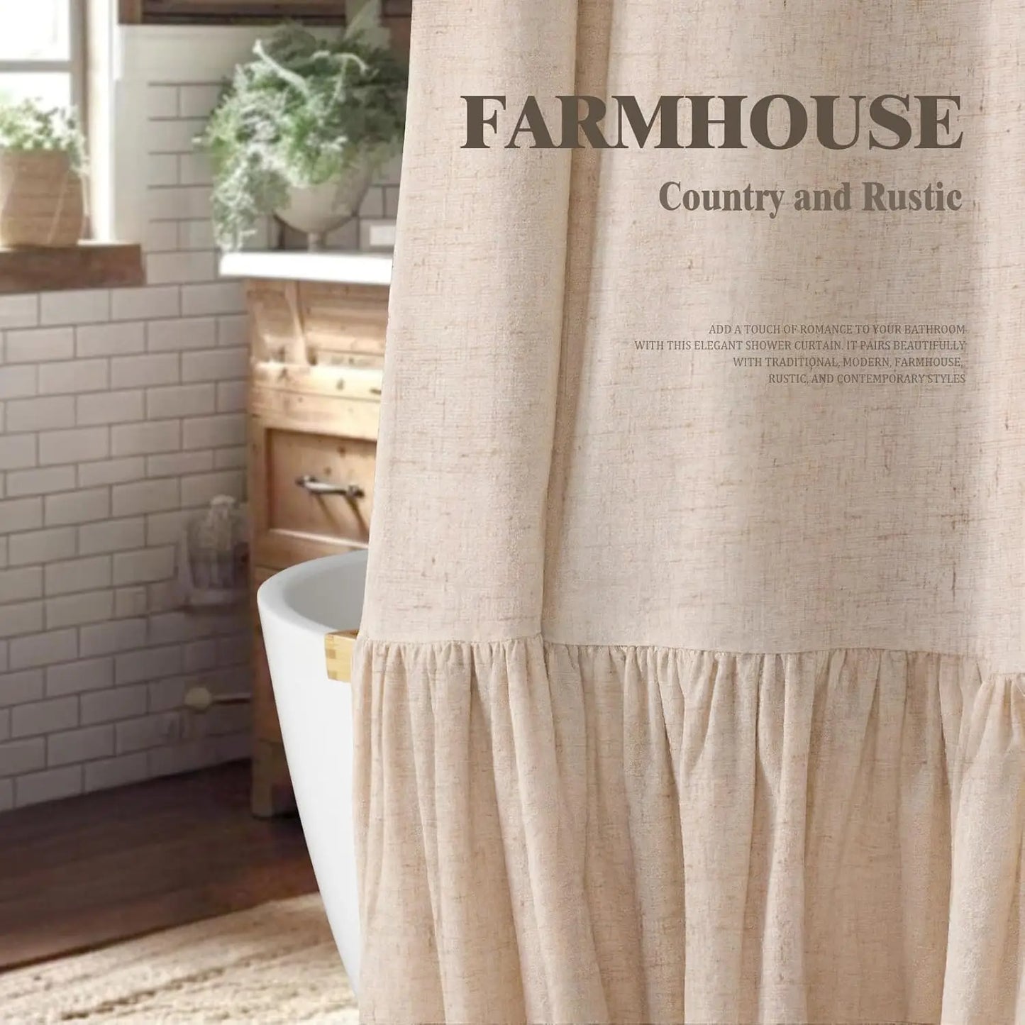 Farmhouse Shower Curtain with Ruffle Hem Linen Beige 72x72 Boho Rustic Natural Fabric