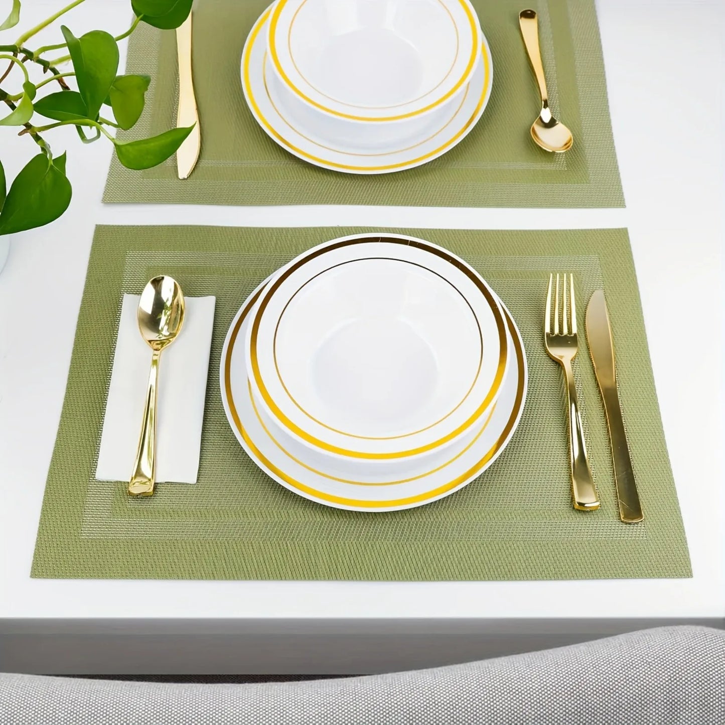 2/4pcs Green Placemat, Kitchen Table Mat, Heat Resistant Anti Slip Stain Washable PVC Table Mat, Easy Clean Woven Vinyl Dinner M