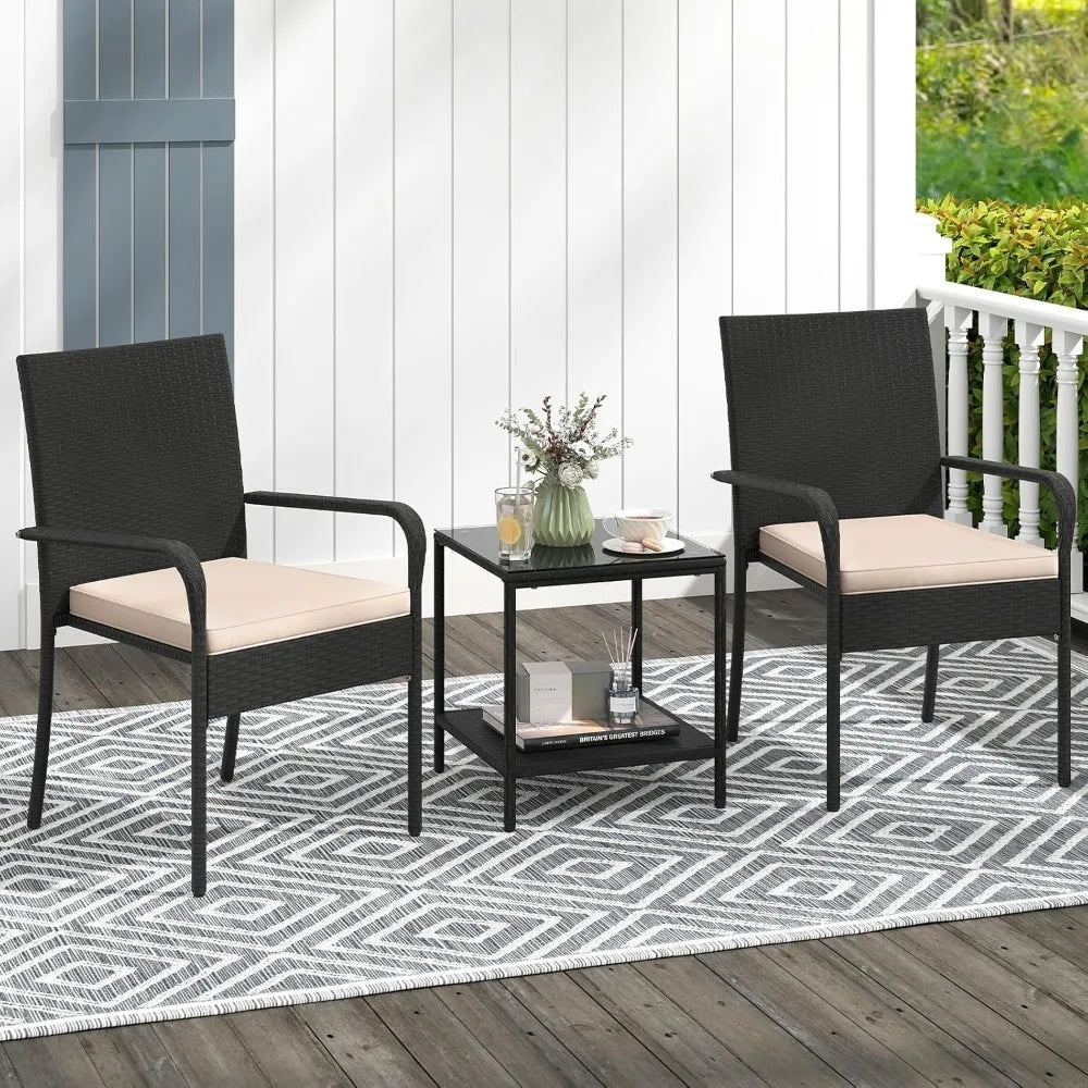 3 Pieces Patio Furniture Set, Cushioned Chairs with 2-Tier Tempered Glass Tabletop