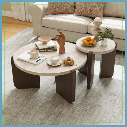 Modern Round Coffee Table & Side Table Set, Faux Marble Top, Walnut  Legs,