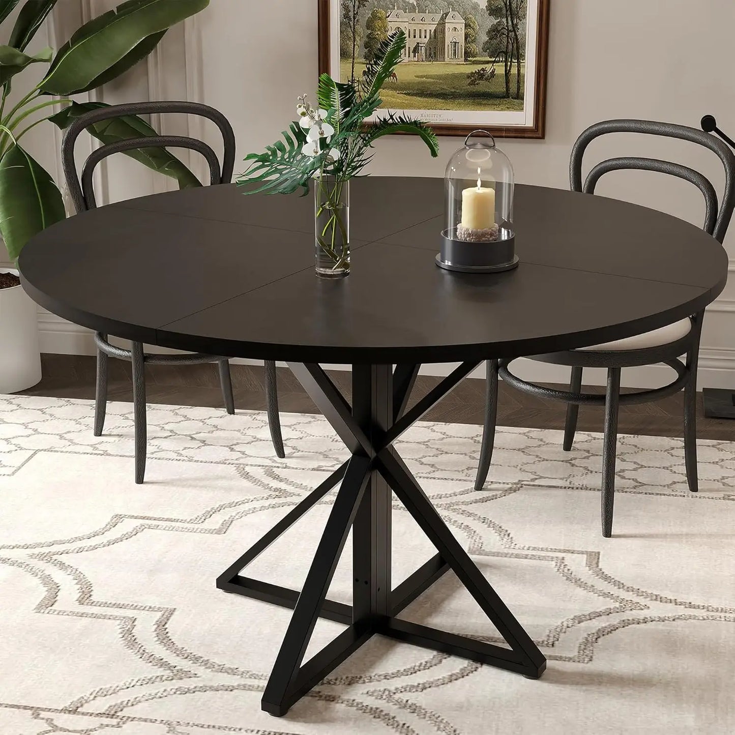 47" Round Dining Table for 4, Wood Top, Metal Pedestal