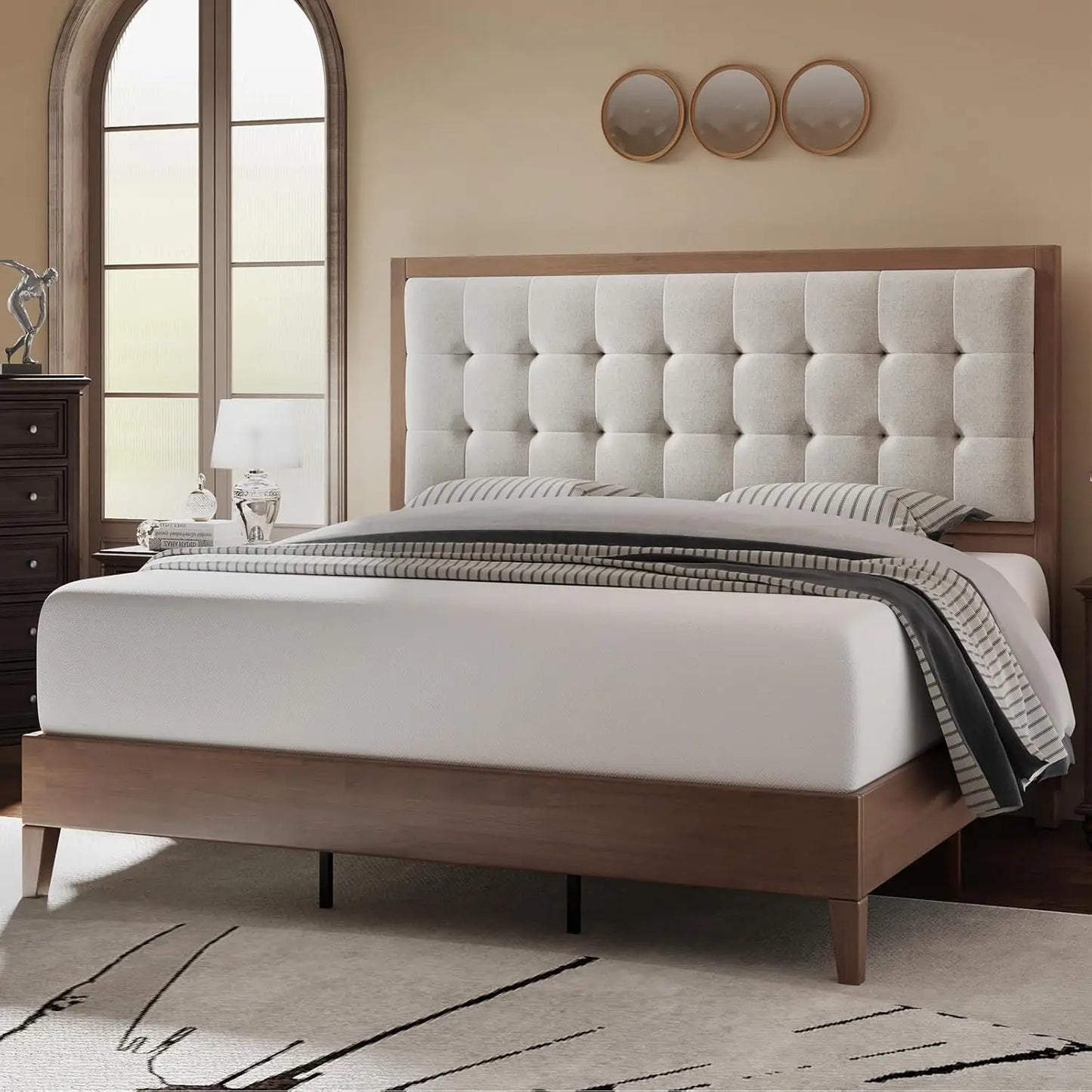 Wood Queen Size Bed Frame,Tall Upholstered Tufted Headboard,