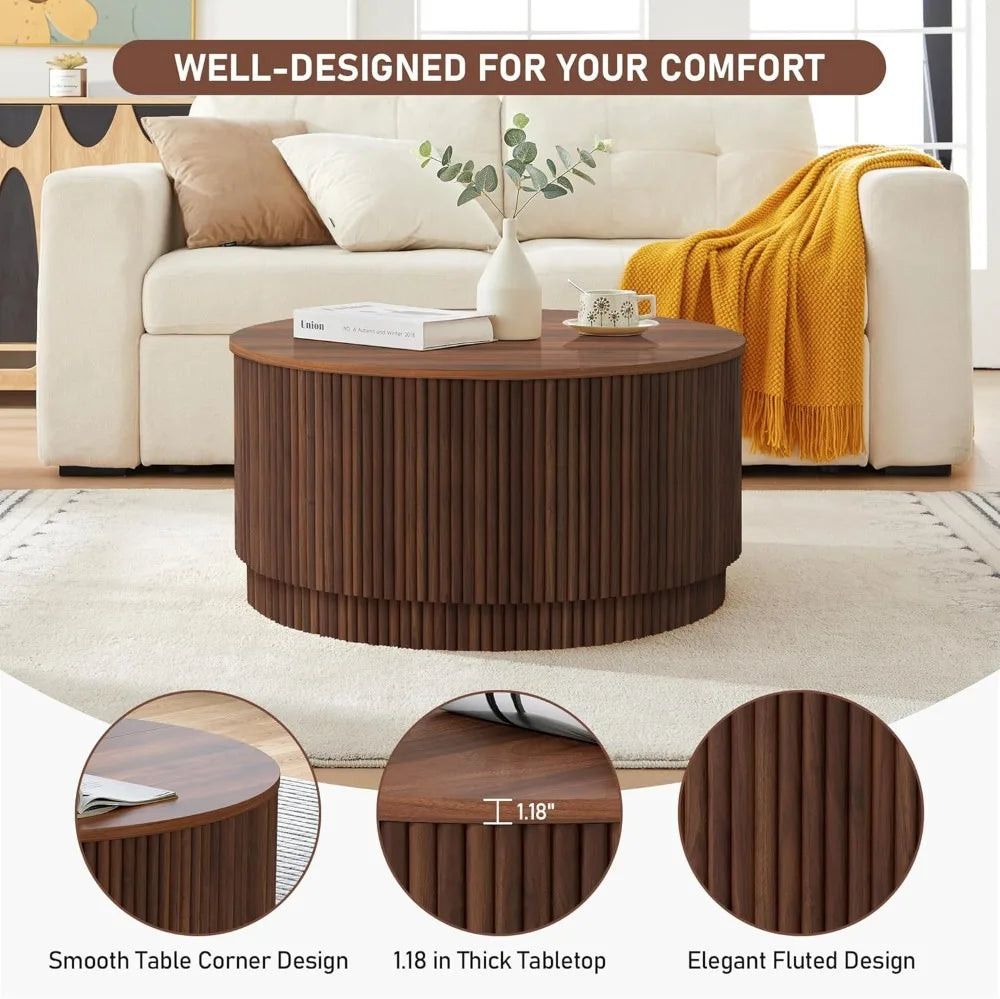 31.5" Round Coffee Table, Modern Fluted Base Wooden