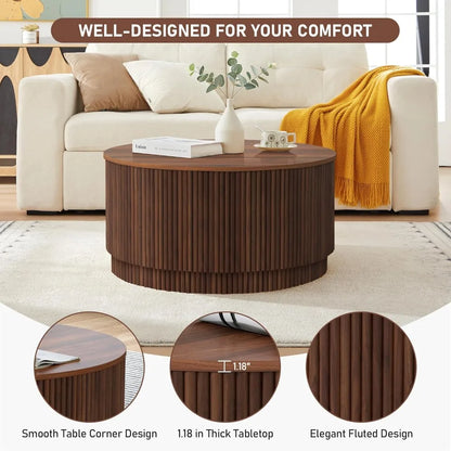 31.5" Round Coffee Table, Modern Fluted Base Wooden