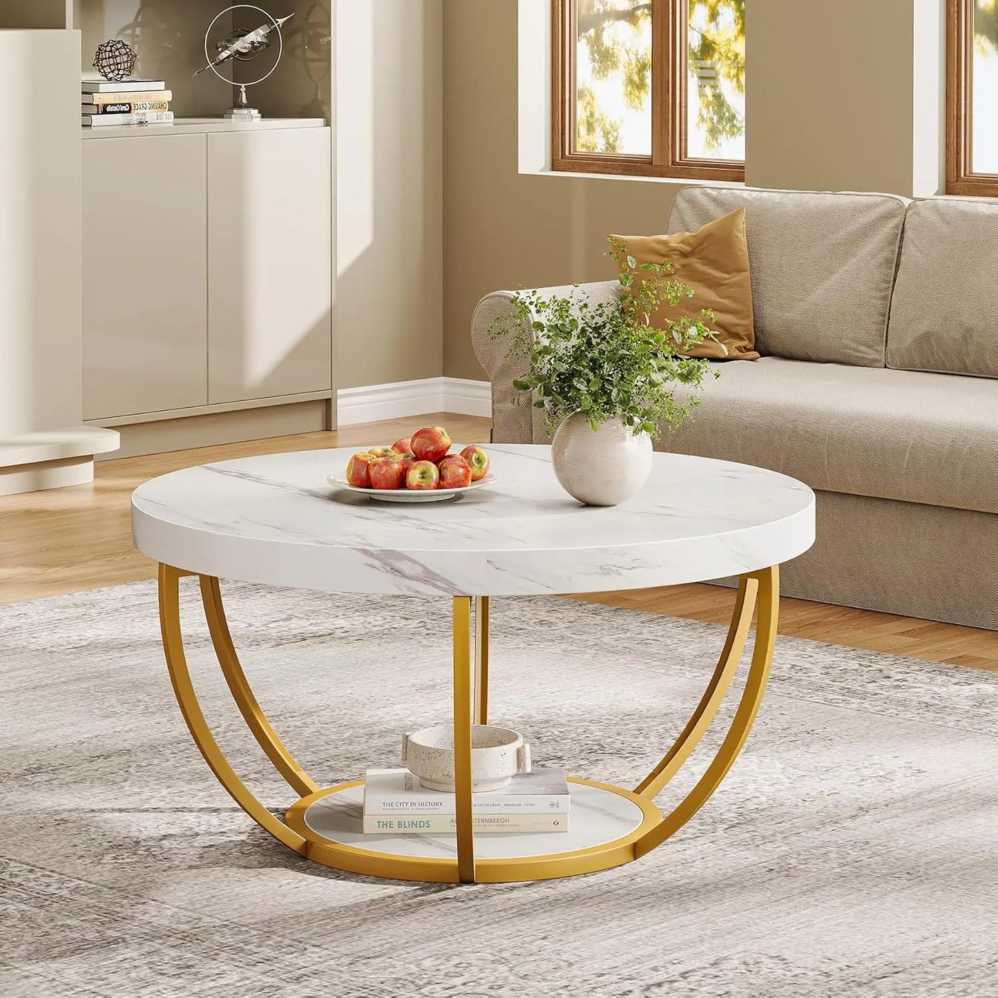 32" Circle Marble Coffee Tables, 2-Tier Golden Metal Legs Accent