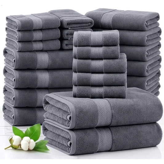 LANE LINEN 100% Cotton Bath Towels Set 24 PCs Durable, Quick Dry 4 Bath, 4 Fingertip, 6 Hand Towels, 8 Washcloths, 2 Bath Towels