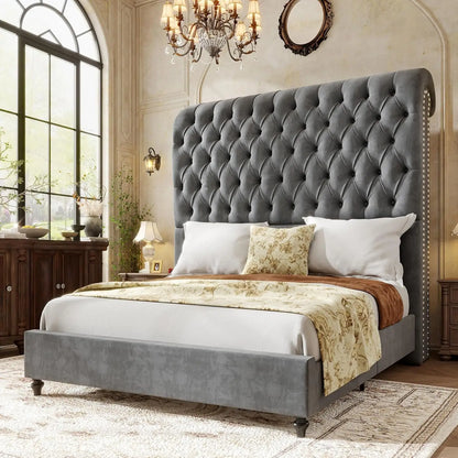 Queen Size Bed Frame with Velvet Headboard, Handcrafted Tufted Design