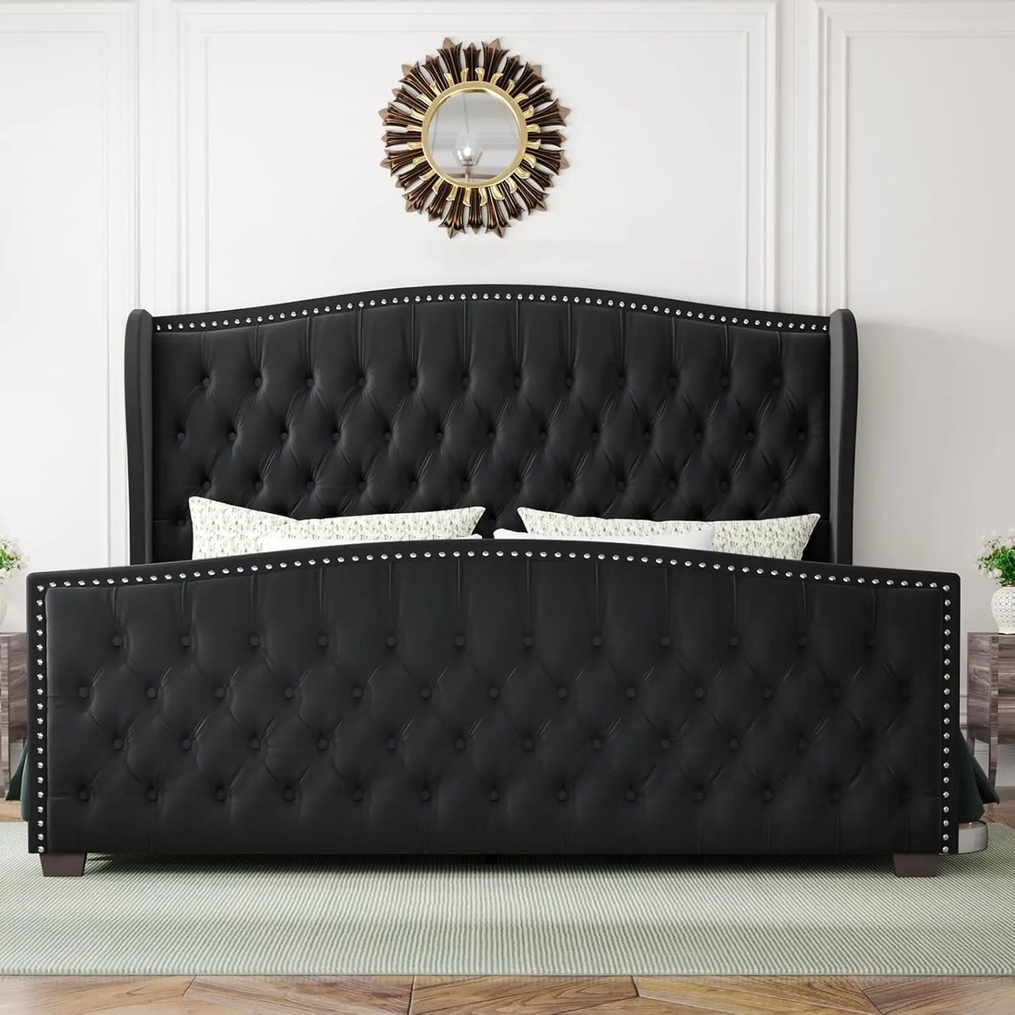 Wingback Platform Bed Frame with Tufted Headboard