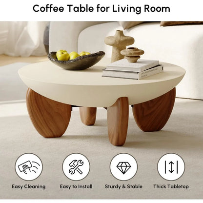 Round Concrete Coffee Table with Premium Walnut Ash Wood Legs