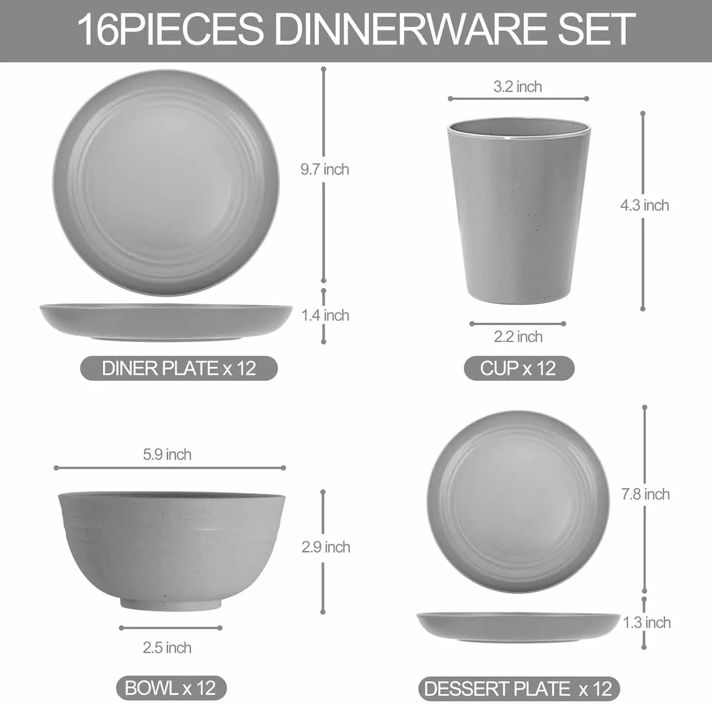 48 Pcs Grey Plastic Dinnerware Set for 12 Guests