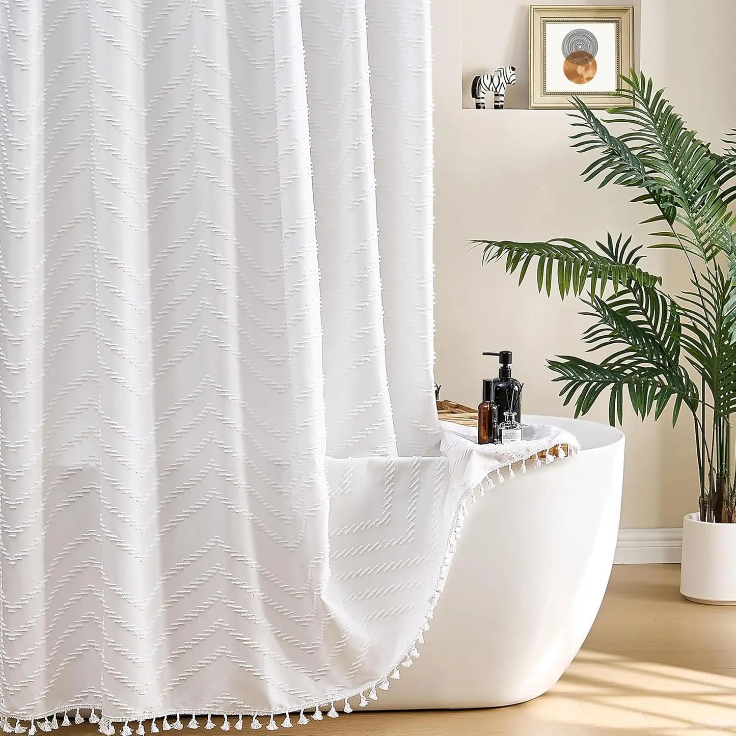 White Boho Shower Curtain Fabric Textured