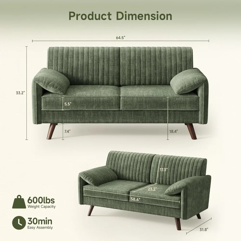 64.5" Loveseat Sofa, Chenille, with Padded Arms