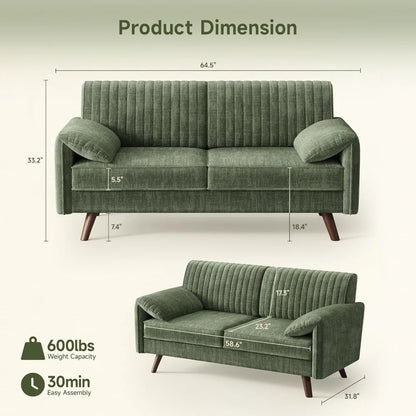 64.5" Loveseat Sofa, Chenille, with Padded Arms