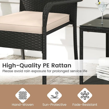 3 Pieces Patio Furniture Set, Cushioned Chairs with 2-Tier Tempered Glass Tabletop