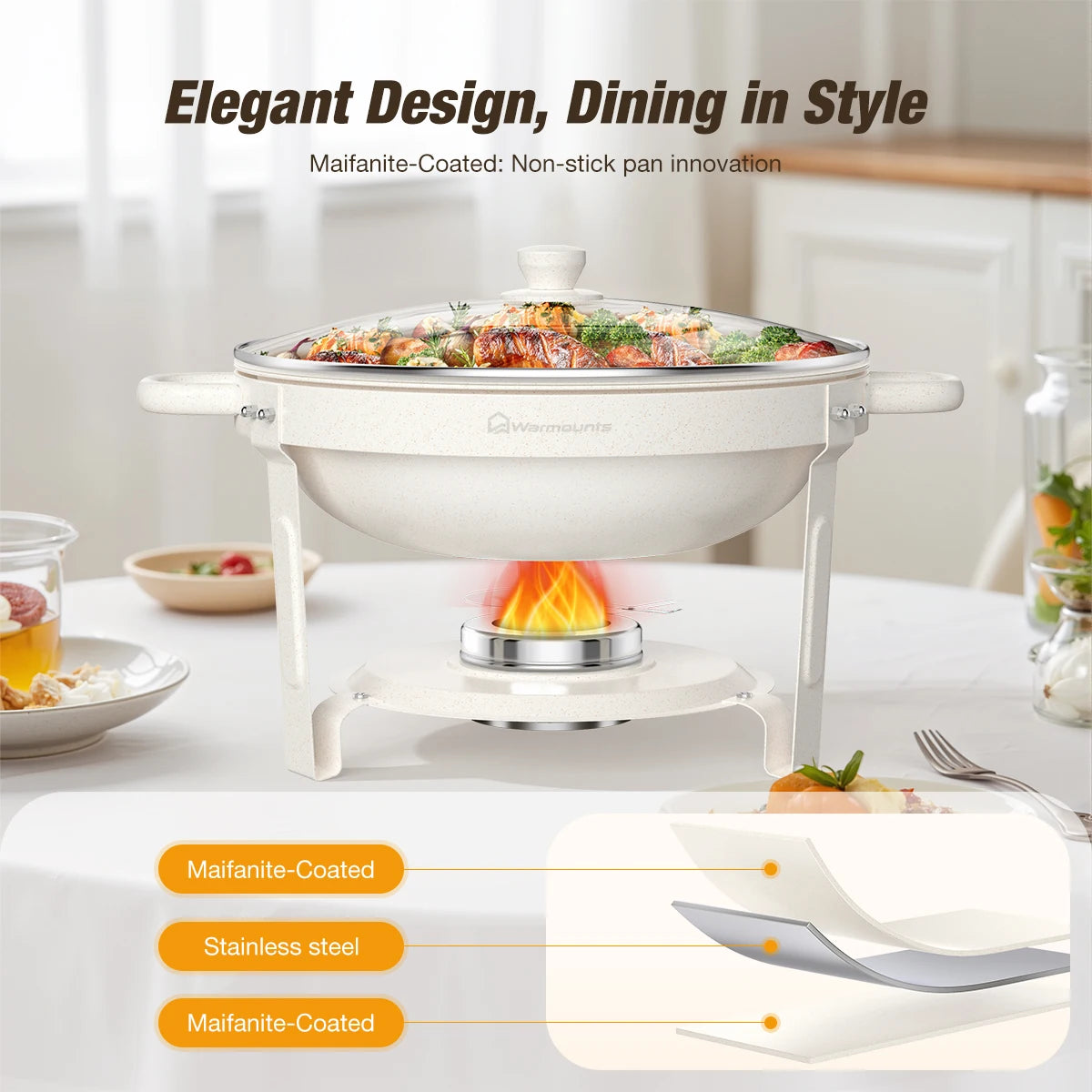 5QT Round Chafing Dishes Buffet Set with Glass Lid White Style Chafer Water Pan