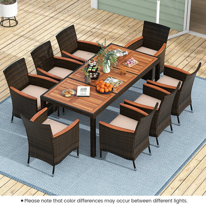 9PCS Patio Wicker Dining Set, Acacia Wood Table Top