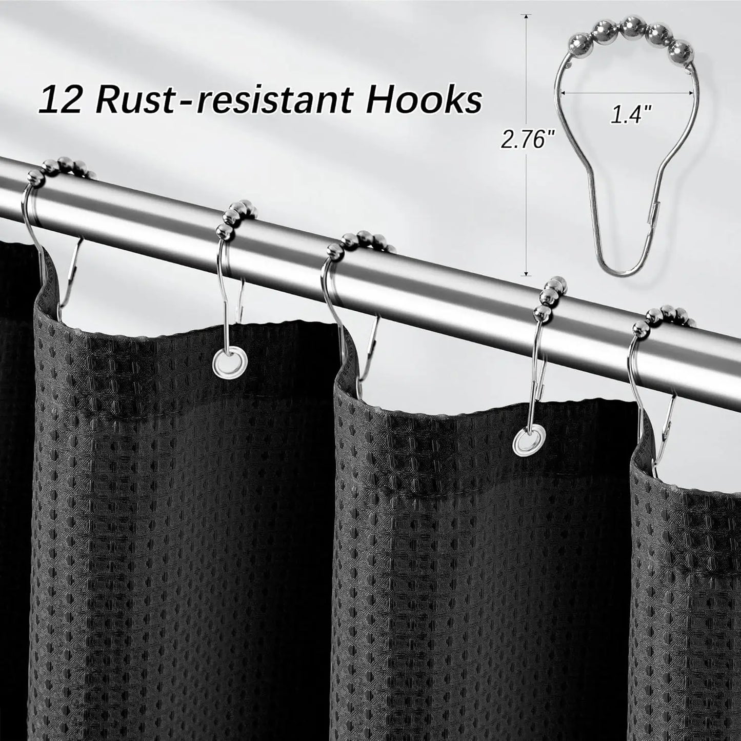 Black Waffle Shower Curtain 256GSM Heavy Duty Fabric Bathroom Curtain with 12 Hooks, 72x72