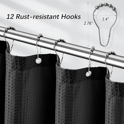 Black Waffle Shower Curtain 256GSM Heavy Duty Fabric Bathroom Curtain with 12 Hooks, 72x72