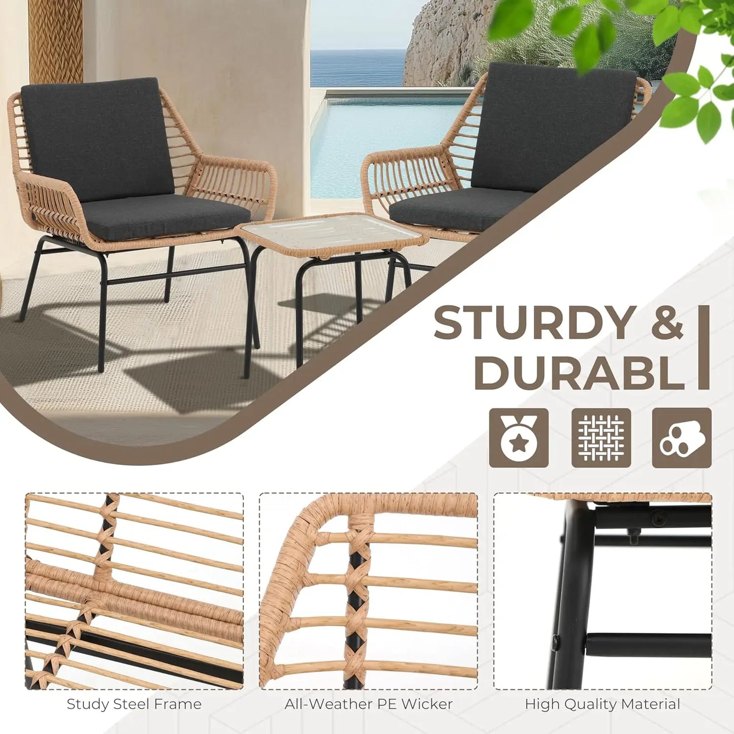 3 Piece Outdoor Patio Furniture Set,  Wicker Chairs with Cushions and Coffee Table,