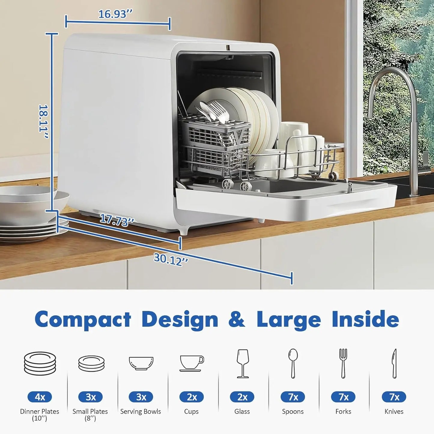 Countertop Port Mini Dishwasher with 6 Washing Programs, LED Light