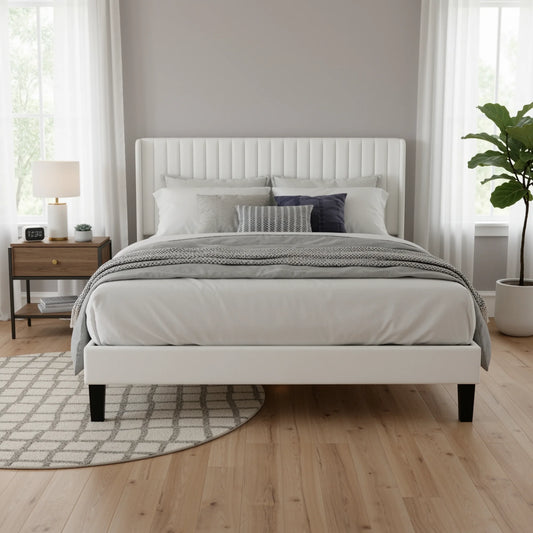 Velvet Upholstered Bed Frame with Vertical Channel Tufted Wingback Headboard