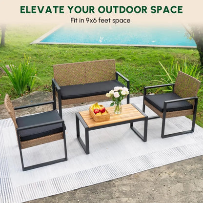 Wicker Patio Furniture, Set of 4, Acacia Wood Table, 2 Rattan Chairs, 1 Loveseat