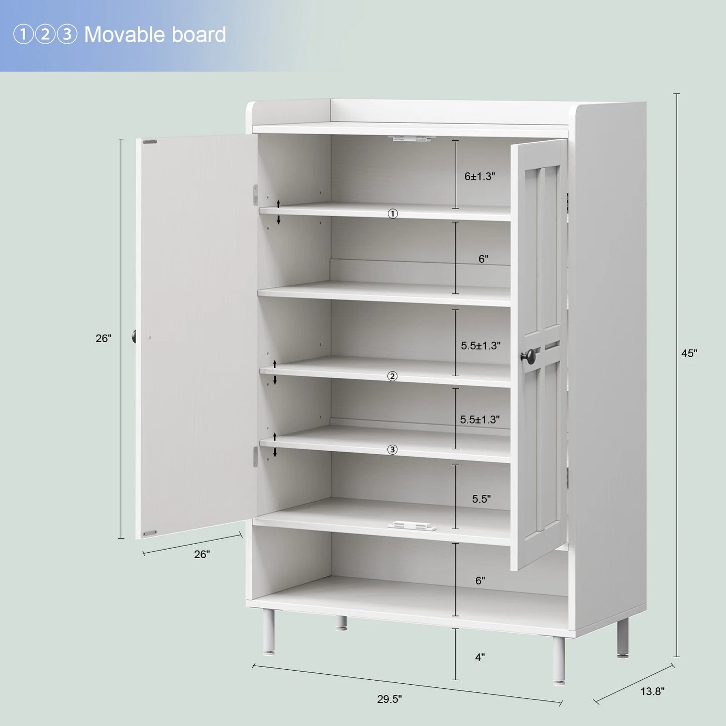45'' Shoe Cabinet Storage for Entryway, 6-Tier Farmhouse Shoe Storage Cabinet with Cross Molding Doors and 3 Adjustable Shelves