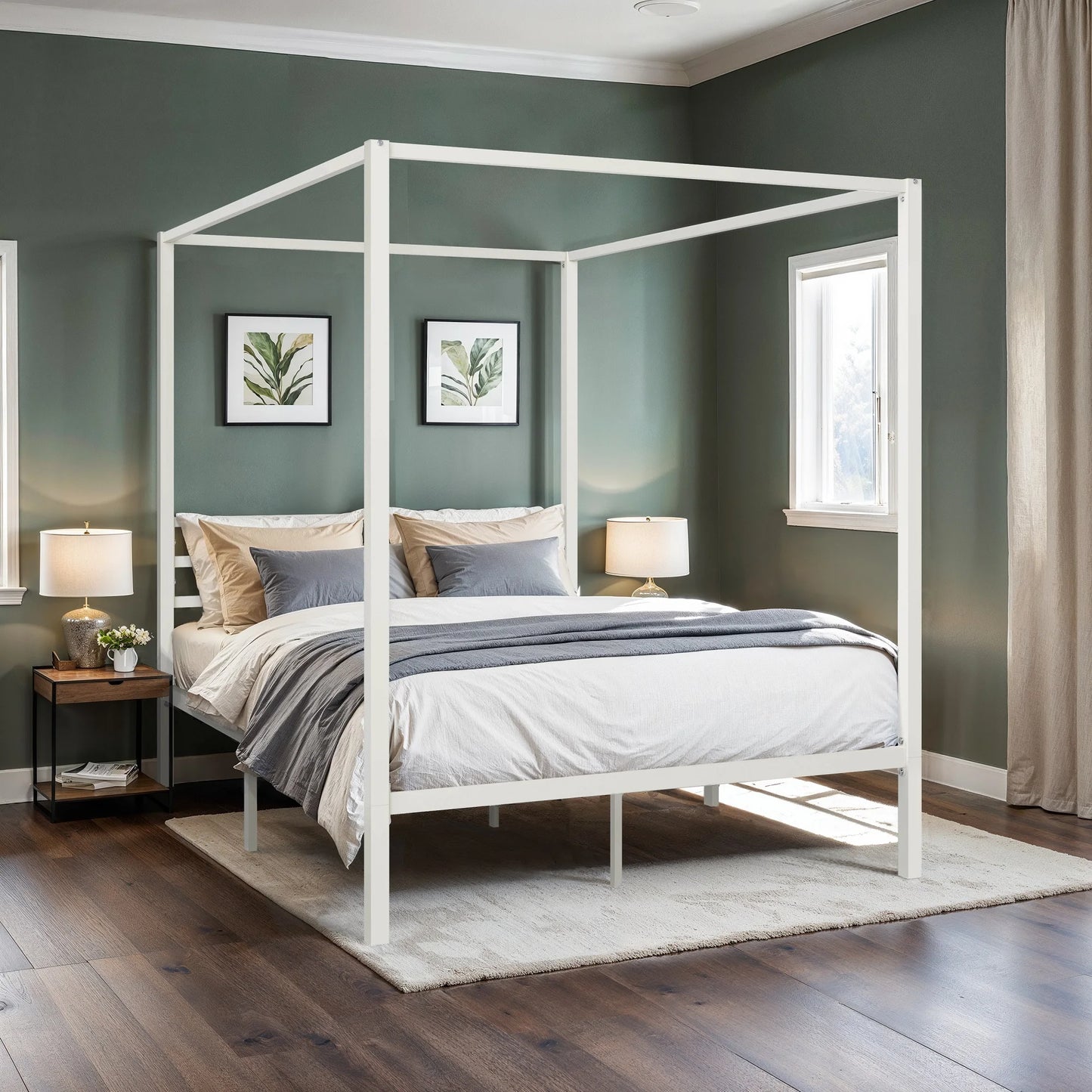 Canopy Bed Frame, Enhanced 4-Poster, 3-Metal Crossbar