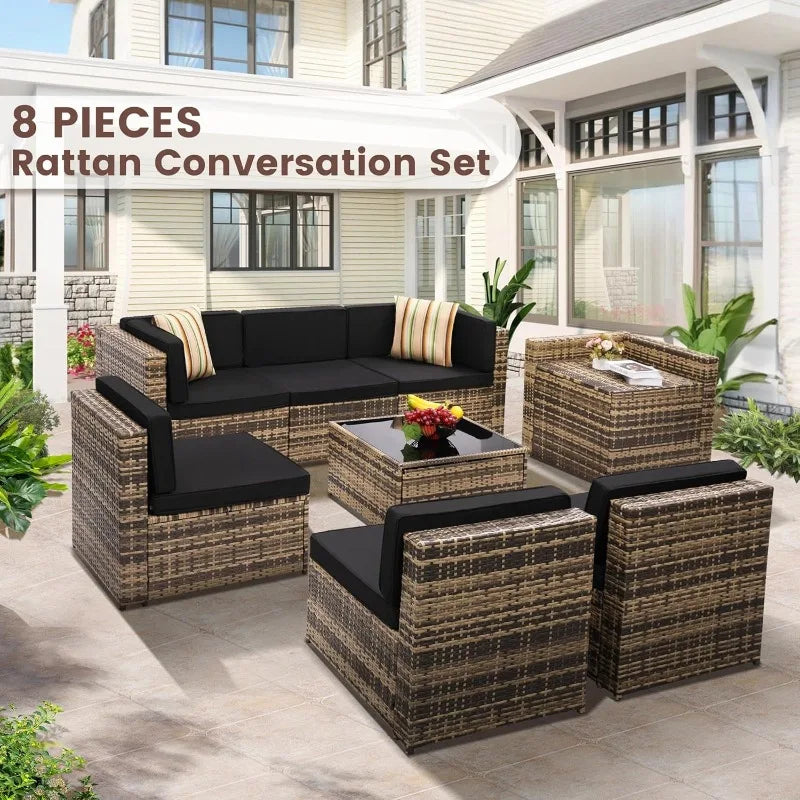 8 Piece Outdoor Wicker Patio Furniture Sectional Set, Glass Top Table