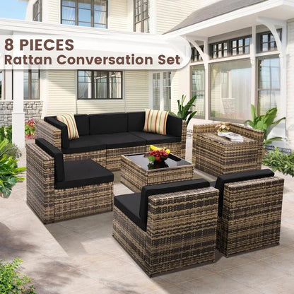 8 Piece Outdoor Wicker Patio Furniture Sectional Set, Glass Top Table