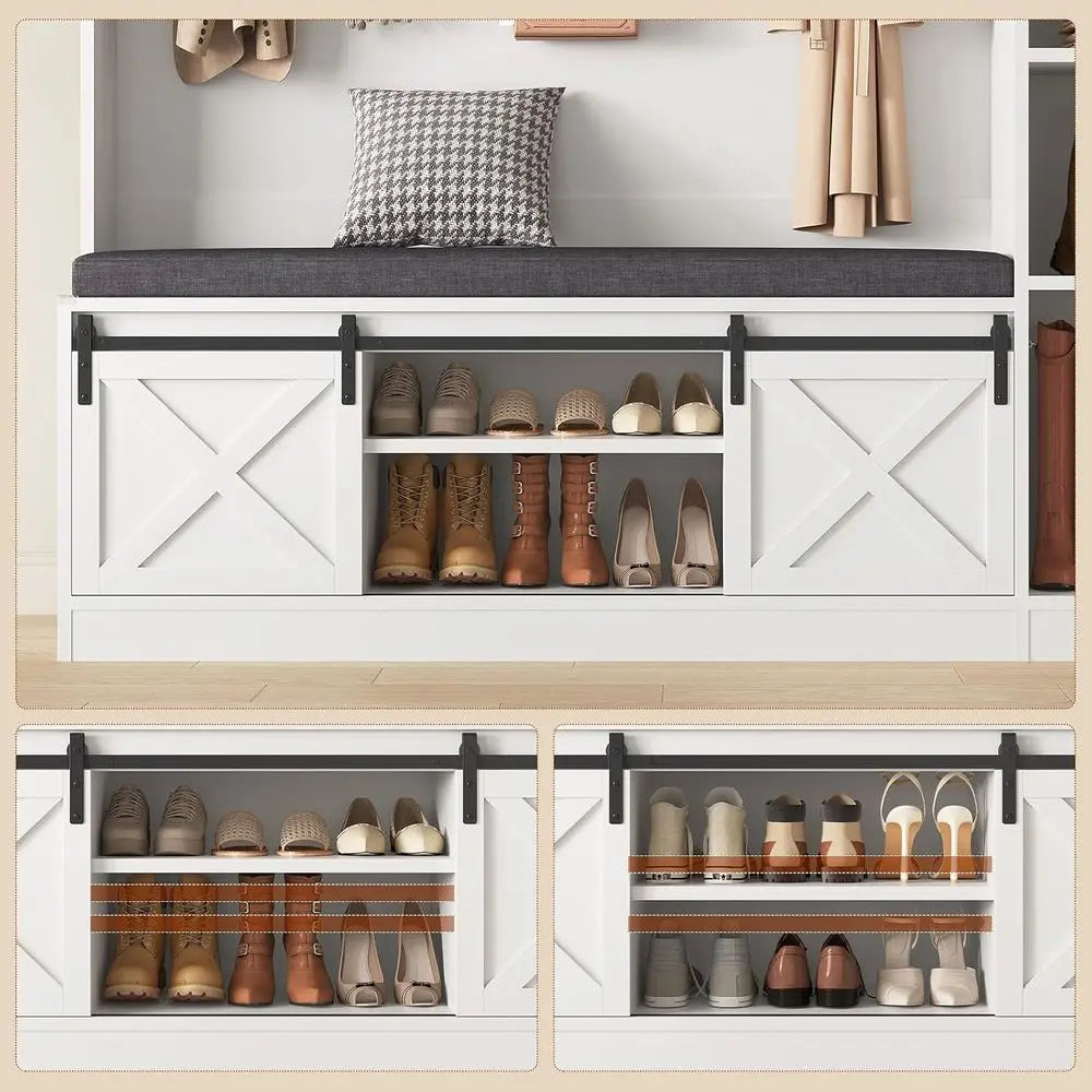 Hall Tree with Bench and Shoe Storage, Entryway Coat Rack