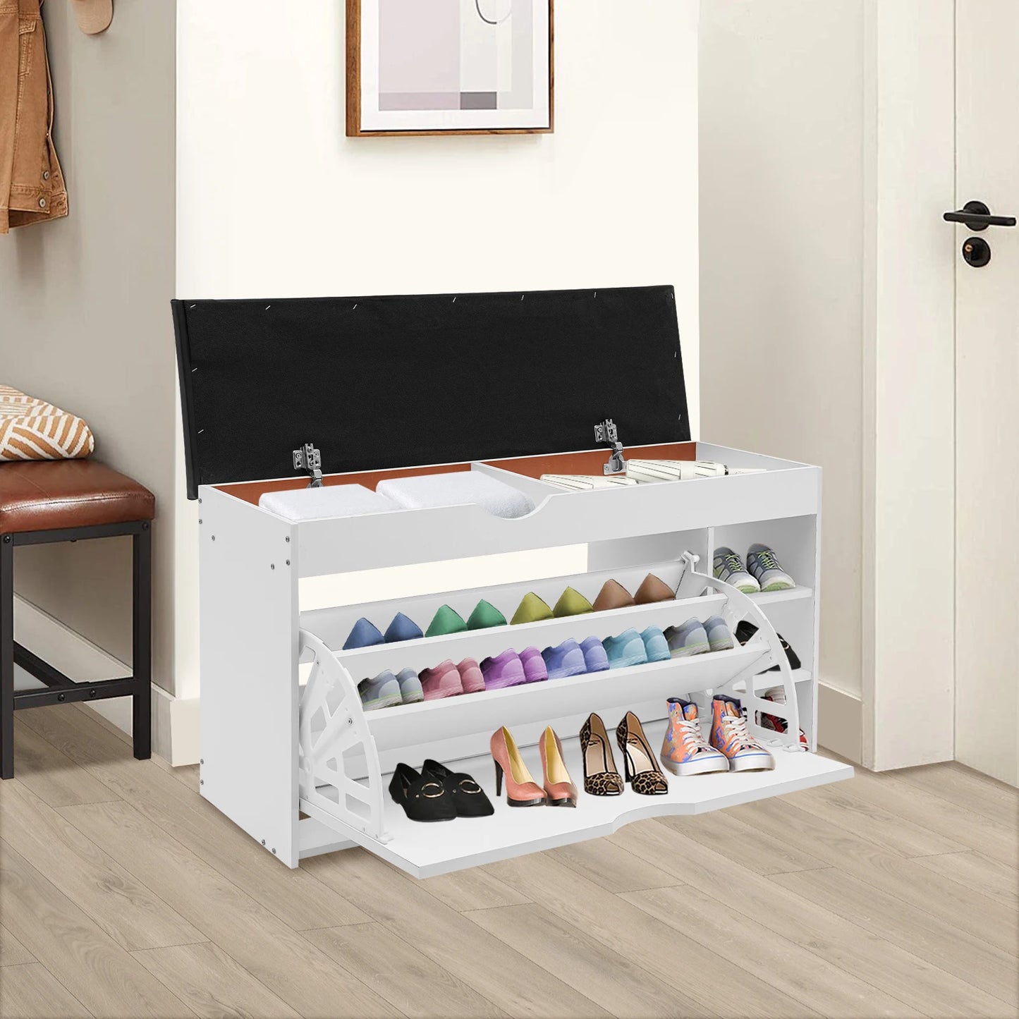 3-Tier Shoe Bench Rack W/Cushioned Seat, for Home Entrance