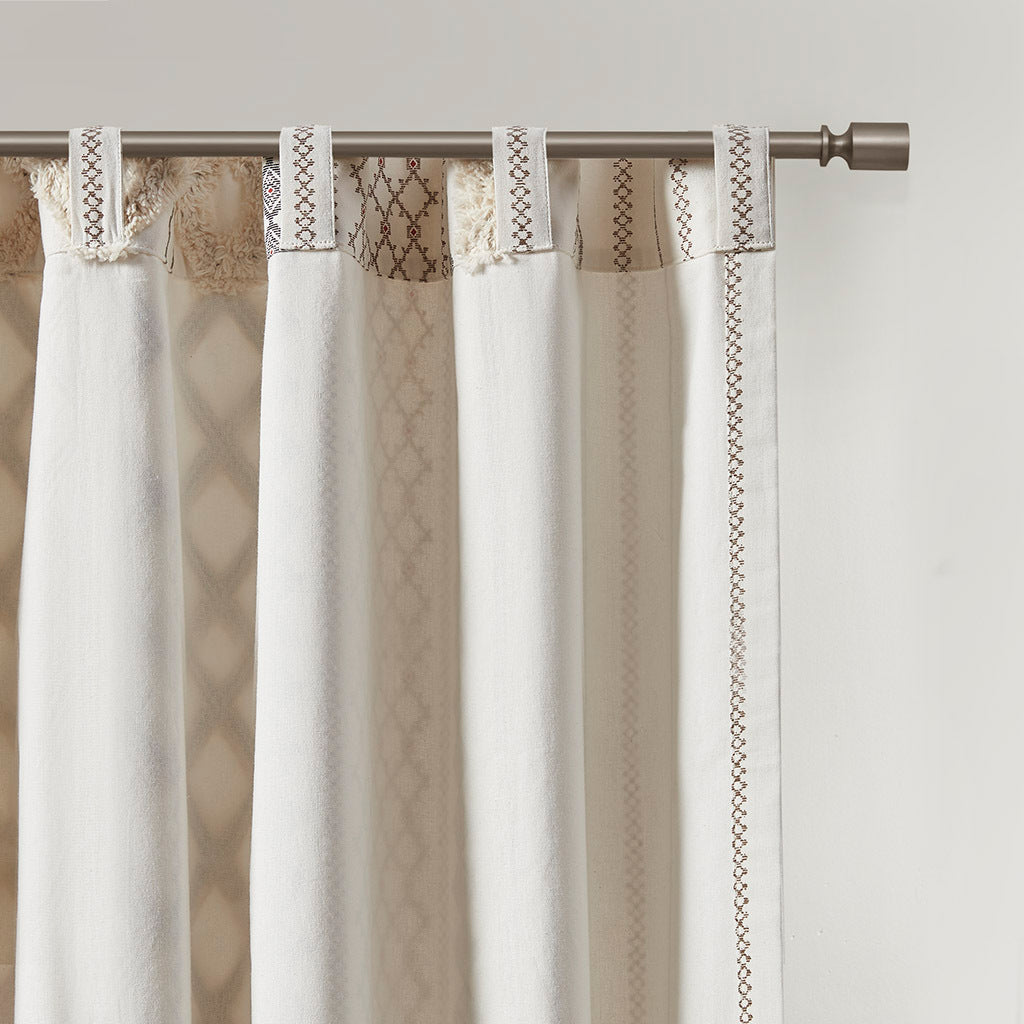 Cotton Printed Curtain Panel with Chenille Stripe and Lining Ivory 50x84