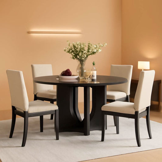 Round Dining Set With 47 Inch Table And Beige Upholstered Chairs