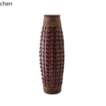 Retro Woven Rattan & Bamboo Glass Vase – Natural Dried Flower Basket
