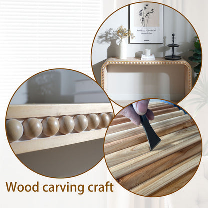 Waterfall Console Table with Wood Bead Trim 59" Curved Entryway Sofa Table Natural Wood Finish