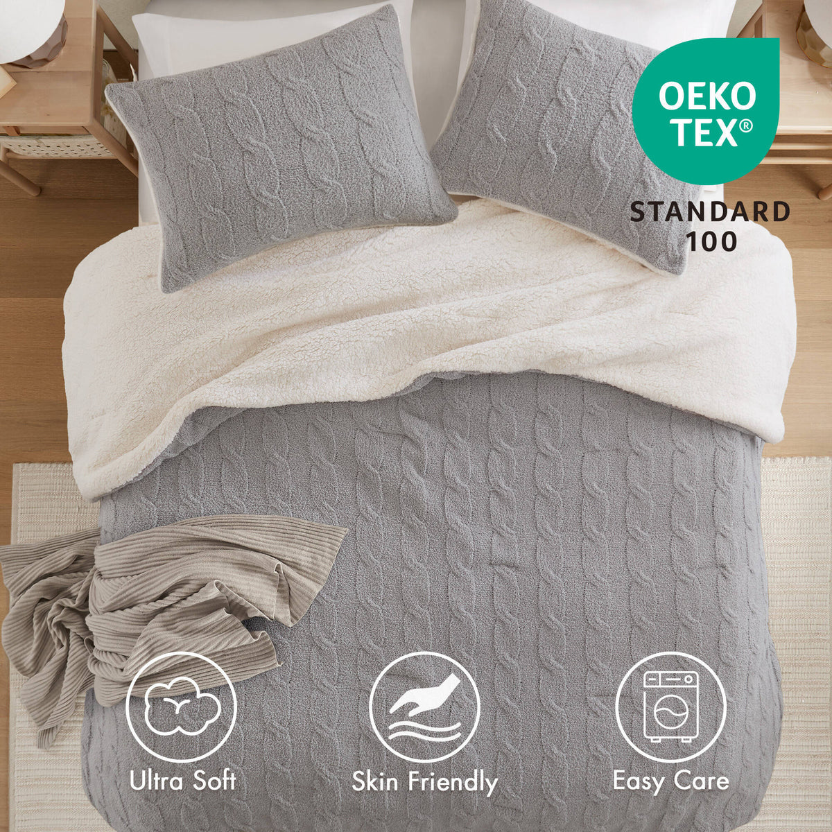 3 Pieces Full/Queen Cable Knit Chenille Comforter Set Gray