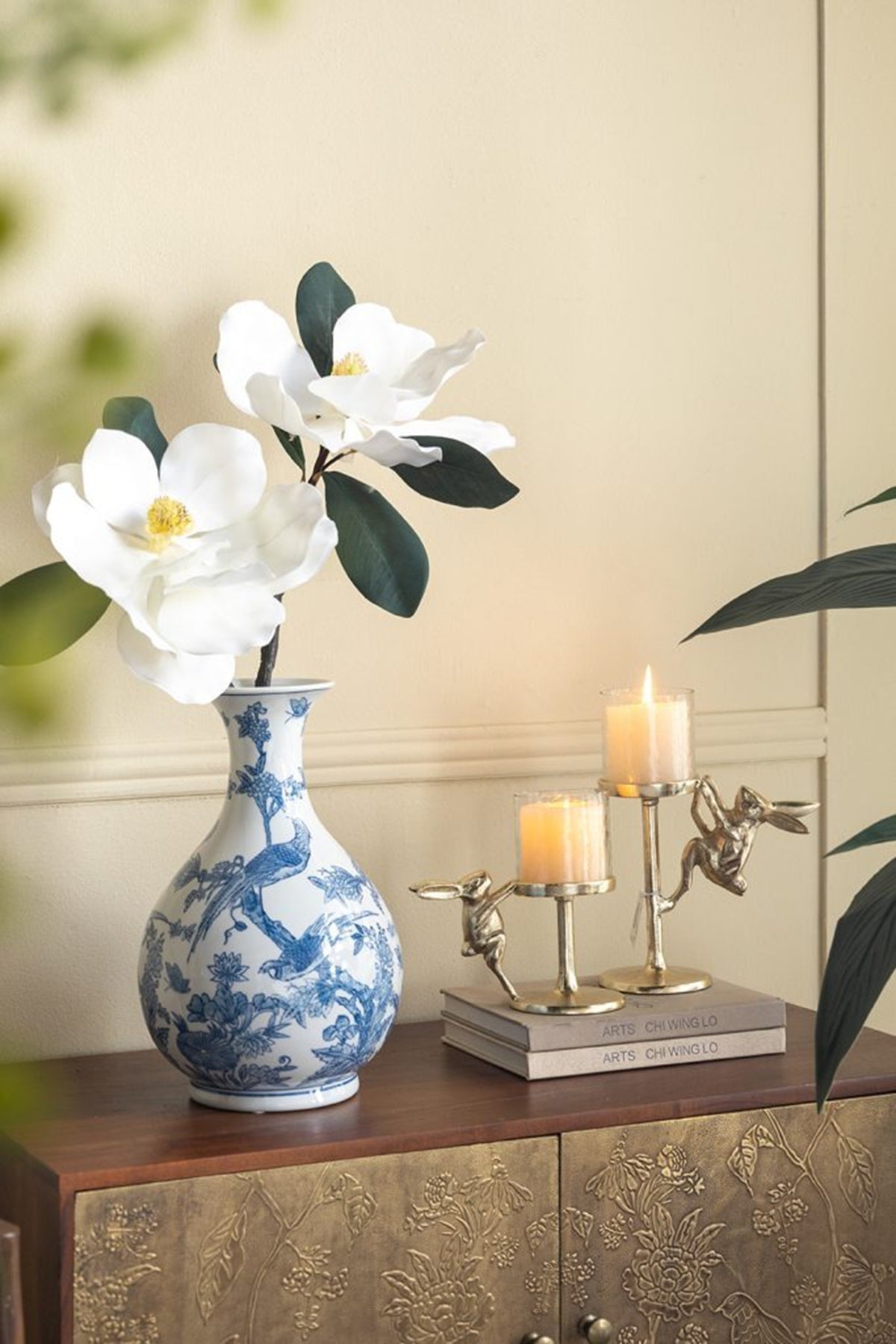 Set of 2 Gold Rabbit Pillar Candle Holders with Clear Glass Hurricane Shade