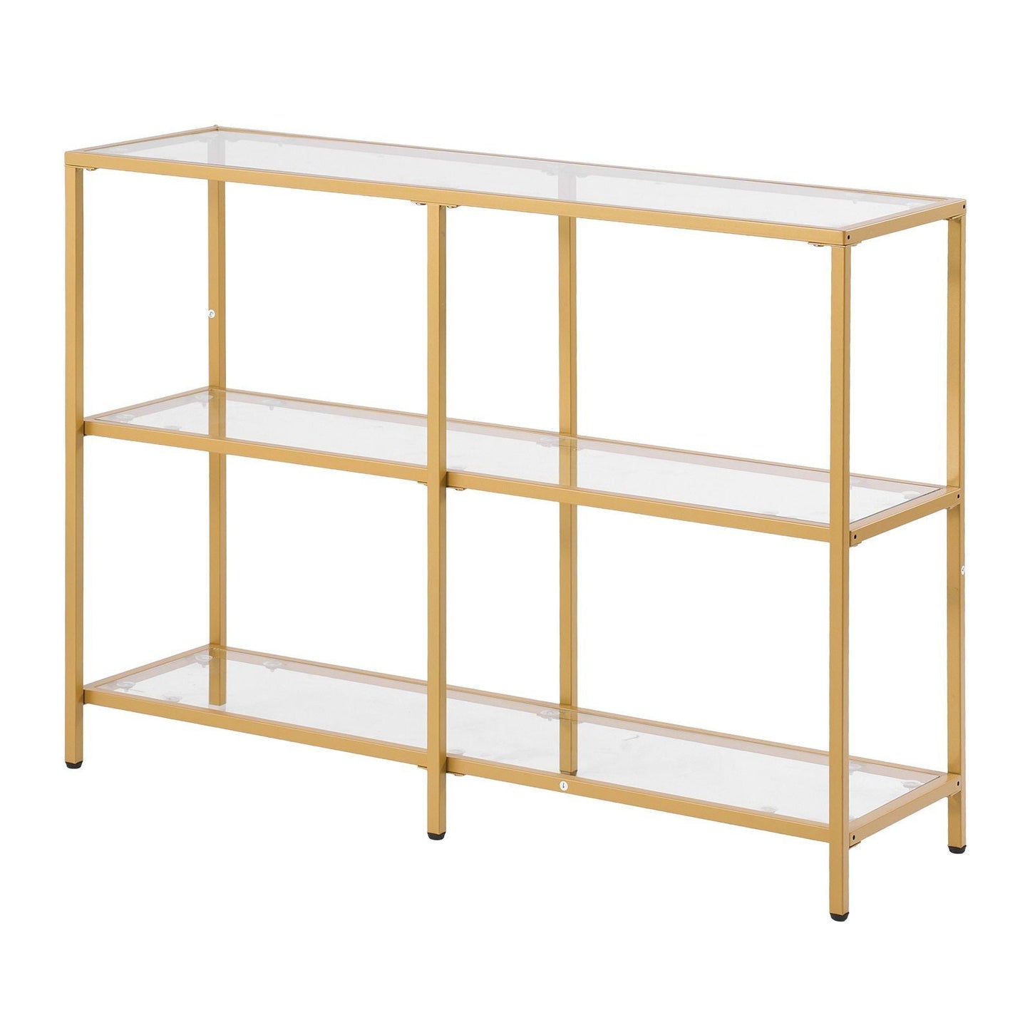 3-Tier Glass Console Table, Modern Rectangle Sofa Side Table with Tempered Glass Top and Iron Legs, Golden Consloe Desk with Anti-Tip Device for Living Room, Hallway, Entryway, Foyer, Golden