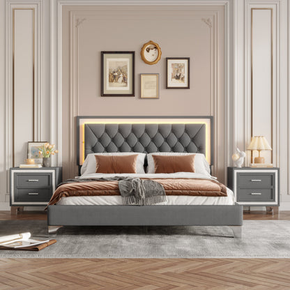 3-Pieces Bedroom Set, Queen Size Upholstered Platform Bed with LED Lights and Two Nightstands - Gray